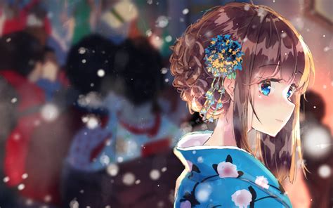 Download 1680x1050 Anime Girl Brown Hair Kimono Snow Blue Eyes