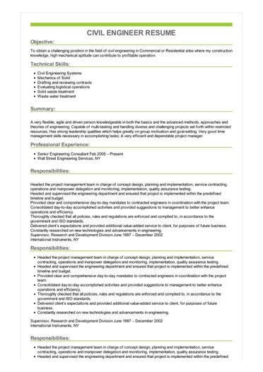 You can edit this civil engineer resume example to get a quick start and easily build a perfect resume in just a few minutes. Civil Engineer Resume | Great Sample Resume