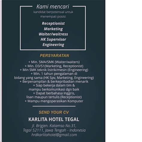 Loker tegal memuat segala bidang pekerjaan baik itu pekerjaan dibidang it, pariwisata, teknik, migas dll untuk lulusan sma/smk/diploma/sarjana loker. Loker Di Hotel - LokerCumaCuma