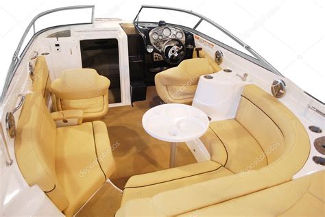Luxury Yacht Cabin Interior With Leather Seats And Table — Stock Photo