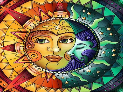 The Sun And Moon Face Are Depicted In This Stained Glass Art Piece