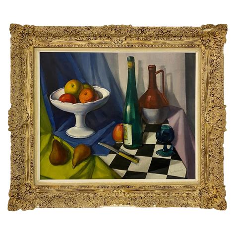 Mid Century Still Life Painting Titled White Basket By Artist Judy