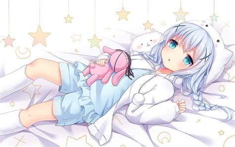 Hd Wallpaper Anime Girls Lying Down Bed Stars Teddy Bears Pyjamas