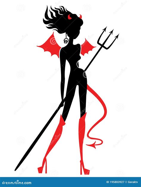 Devil Woman With Long Hair Black And Red Silhouette Isolated On White