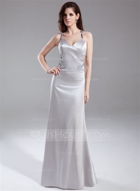 Sheathcolumn V Neck Floor Length Charmeuse Evening Dress With Beading