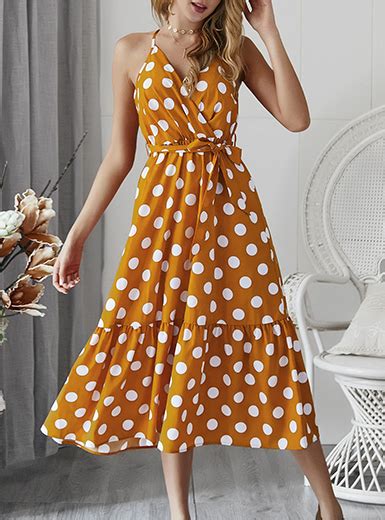 Wmns Polka Dot Printed Wrap Style Maxi Dress Sash Tie Yellow