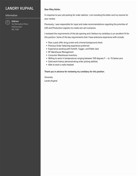 Order Selector Cover Letter | Velvet Jobs