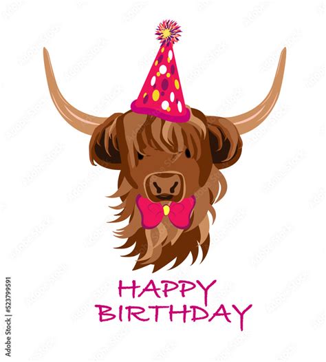 Stockvector Cute Cow Scottish Highland Cattle With A Party Hat And A