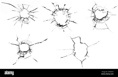Bullet Holes And Numerous Cracks On A Plain White Glass Background