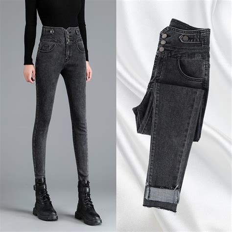 Buy High Waist Jeans Womens Elastic Skinny Jeans Cropped Pants Fashionable Versatile Blue Dark