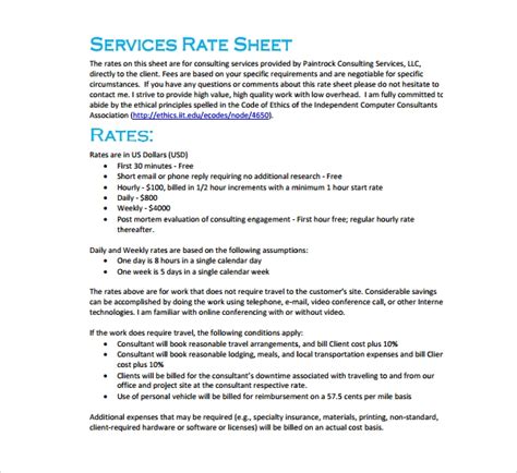 Rate Sheet Template 15 Free Word Excel And Pdf Formats Samples