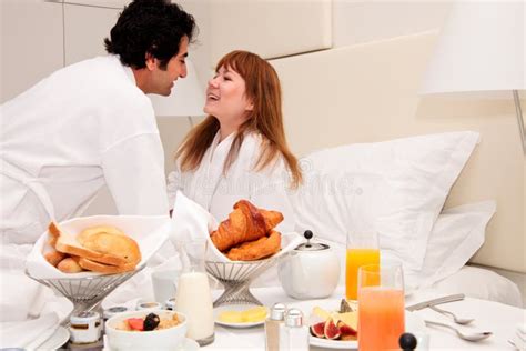 Young Couple Having Breakfast In Bed Stock Image Image Of Romentic
