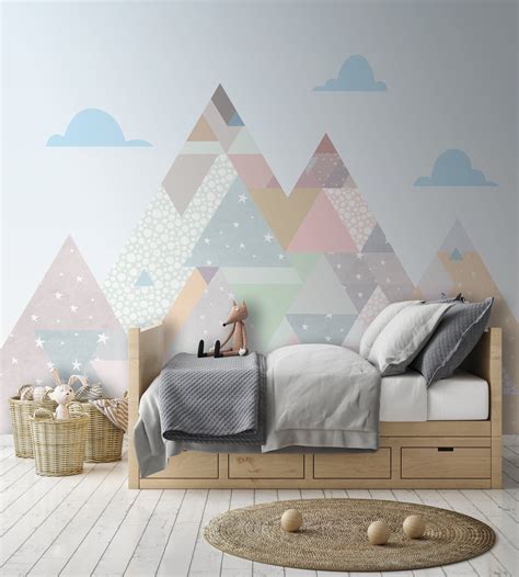 These kids bedroom wallpaper are attractive and fit well with any interior. Blue Clouds Colorful Triangle Row Mountain Wallpaper Self ...