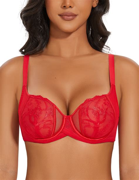 Deyllo Women S Sexy Lace Bra Demi Sheer Mesh Balconette Unlined Underwire Embroidered Red C