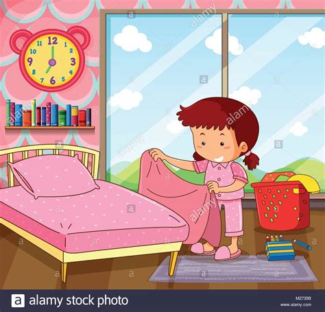 Chica Hacer La Cama En El Dormitorio Rosa Ilustración