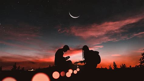 Hd Wallpaper Couple Playing Guitar Sunset Half Moon Silhouette