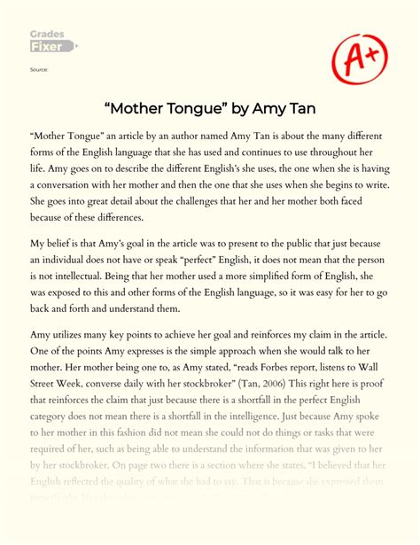 Mother Tongue By Amy Tan Essay Example 931 Words Gradesfixer