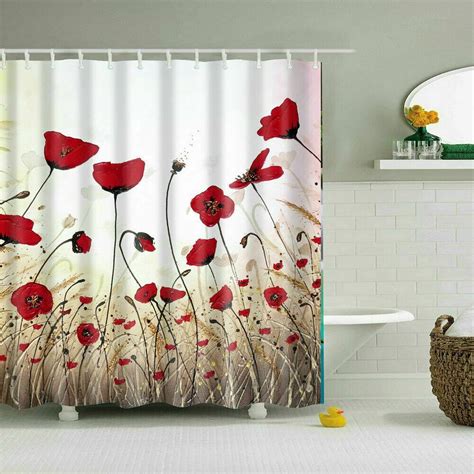 Shower Curtain White With Red Poppies New 72 X 72 Unknown Modern