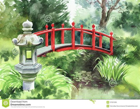 Japanese Garden With Red Bridge Stock Illustration Illustration Of