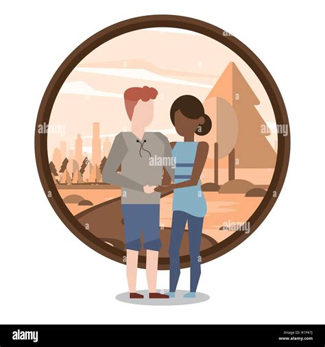 Couple Man And Woman Interracial Round Icon And Parkscape Vector Illustration Graphic Design
