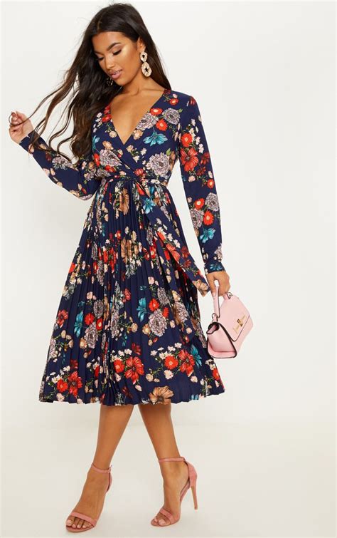navy floral long sleeve pleated midi dress dresses uk fall dresses dresses online fashion
