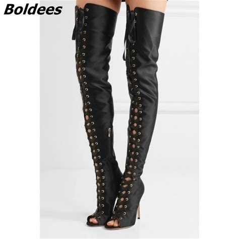 Hot Sexy Cut Outs Thigh High Boots Lace Up Over The Knee Boots Woman Sexy Style Cross Strap High