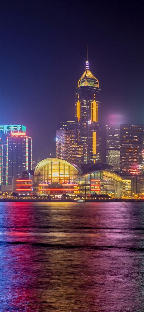 Hong Kong Cidade Noite Mar Arranha Céus Luzes 1242x2688 Iphone 11