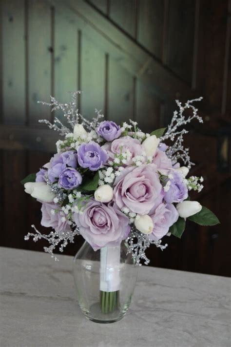 lavender white and silver silk wedding flowers with bling — silk wedding flowers and bouquets
