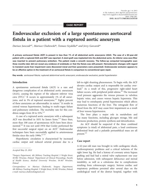 Pdf Endovascular Exclusion Of A Large Spontaneous Aortocaval Fistula