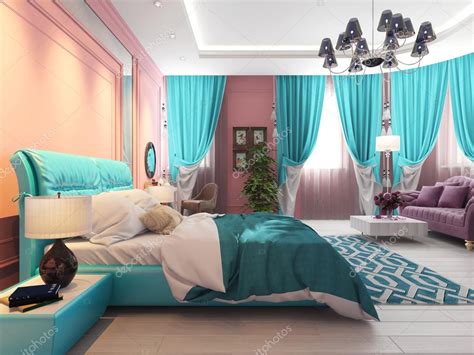 Bedroom With A Bed And A Sofa Pink Curtains Stock Photo By ©sanya253
