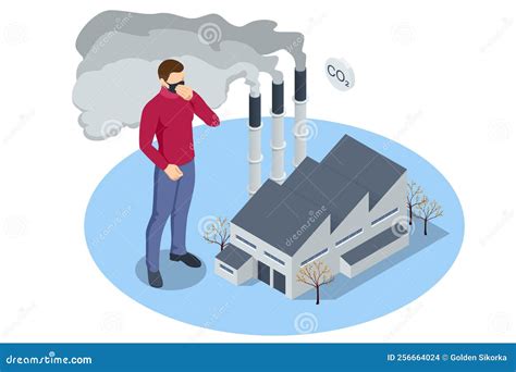 Isometric Industrial Chimneys With Heavy Smoke Causing Air Pollution Environment Polluted By