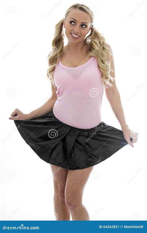 Beautiful Young Caucasian Woman Lifting Up Her Mini Skirt Smiling And