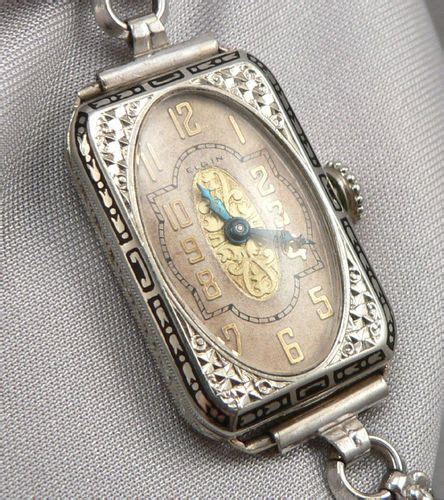 Antique Art Deco White 14k Solid Gold And Enamel Elgin Ladies Wristwatch