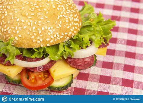 Hamburger With Vegetables And Sausage Fast Food And Breakfast Stock