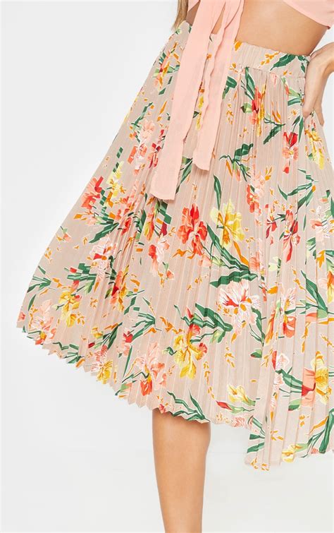 Pink Floral Printed Pleated Midi Skirt Prettylittlething Ca