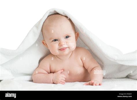 Cute Smiling Baby Kid Lying Covered By Bath Towel Stock Photo Alamy