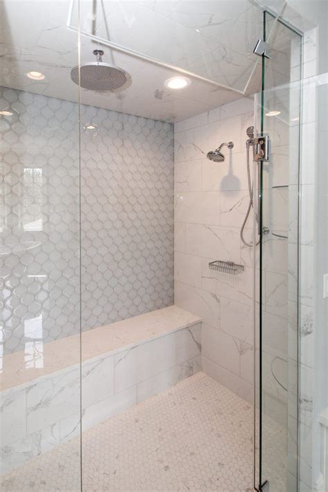 White Tiled Shower With Blue Glass Arabesque Tile Accent Wall And