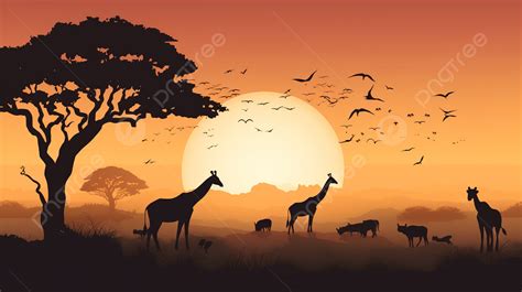 African Animals At Sunset Full Background Safari Picture For Wall