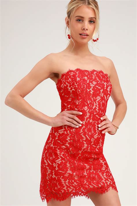 Chic Red Lace Dress Lace Mini Dress Strapless Lace Dress Lulus