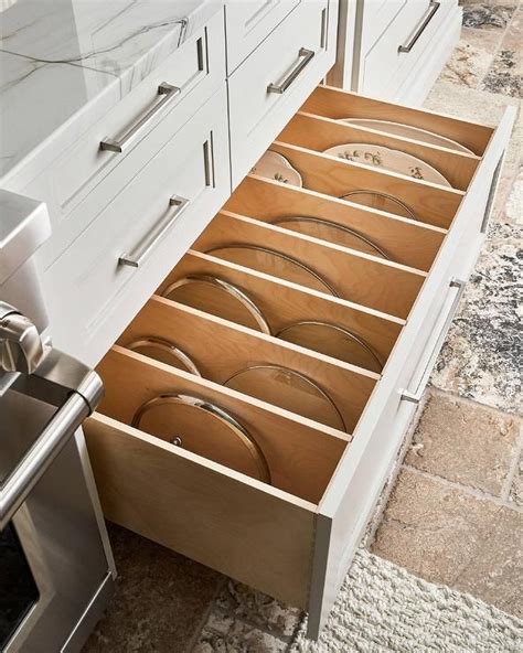 Custom Kitchen Drawer Designed With A Pot And Pan Lid Divider For An