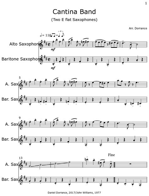 Cantina Band Sheet Music For Alto Saxophone Baritone Saxophone