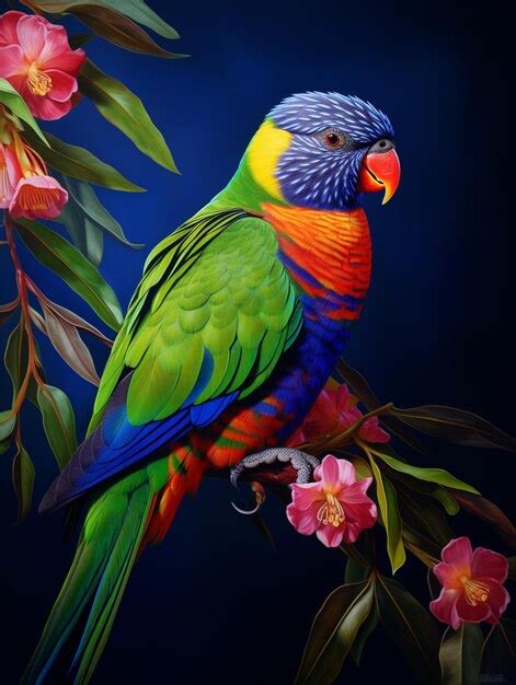 premium ai image brightly colored bird sitting on branch of flowering tree with dark