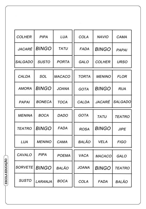 bingo de palavras para alfabetização Bingo de palavras Palavras