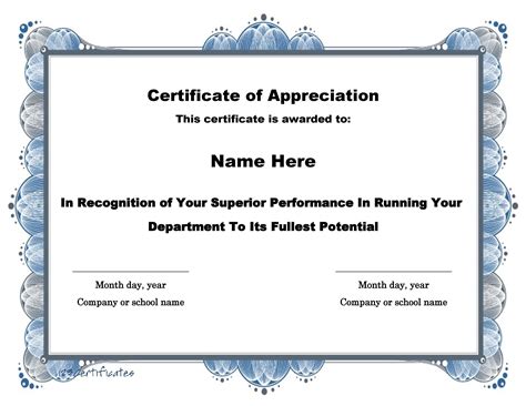 Sample Template For Certificate Of Appreciation