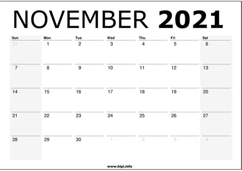 November 2021 Calendar Printable Monthly Calendar Free Download