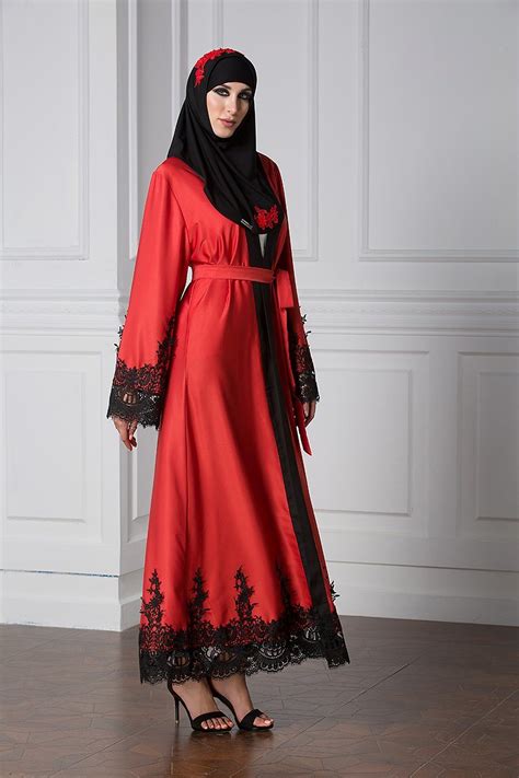 Wedding Red Abaya Muslim Long Sleeve Front Open Kimono Cardigan Outfit Black Lace Embroidery