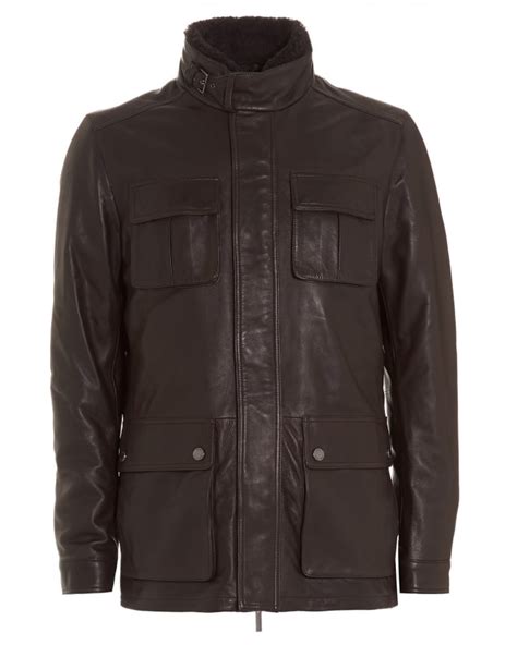 Hugo Boss Black Mens Coat Gembu Lambskin Collar Brown Leather Jacket