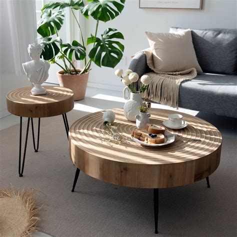 cozayh 2 piece modern farmhouse living room coffee table set round natural finish with