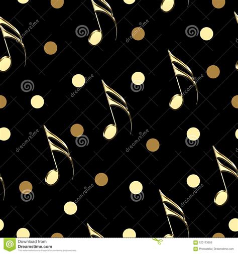 Seamless Pattern With Gold Musical Notes On Black Background Stock