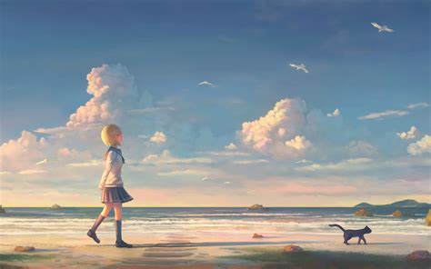 1440x900 Anime Girl Walking On Beach With Cat 1440x900 Resolution Hd 4k